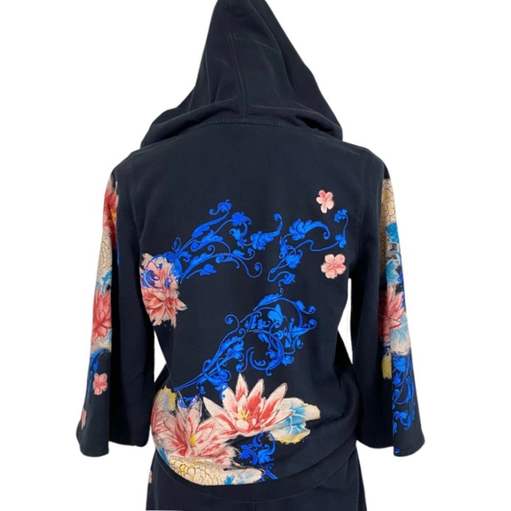 Vintage 90 Y2K Black Lucky Brand Hoodie Sweatshirt Tattoo style floral graphics - Picture 2 of 10